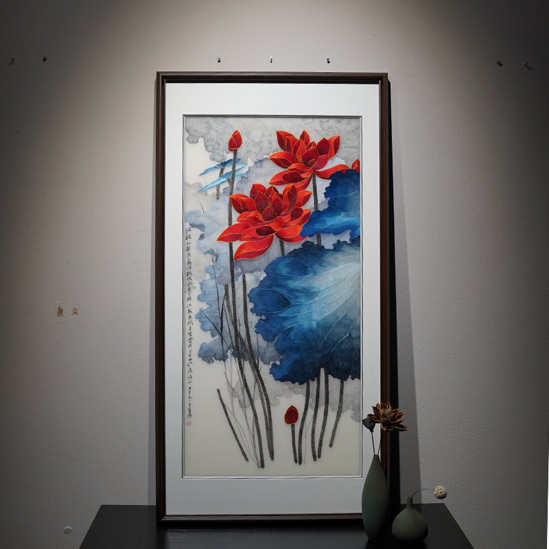 张大千金荷苏绣玄关装饰新中式