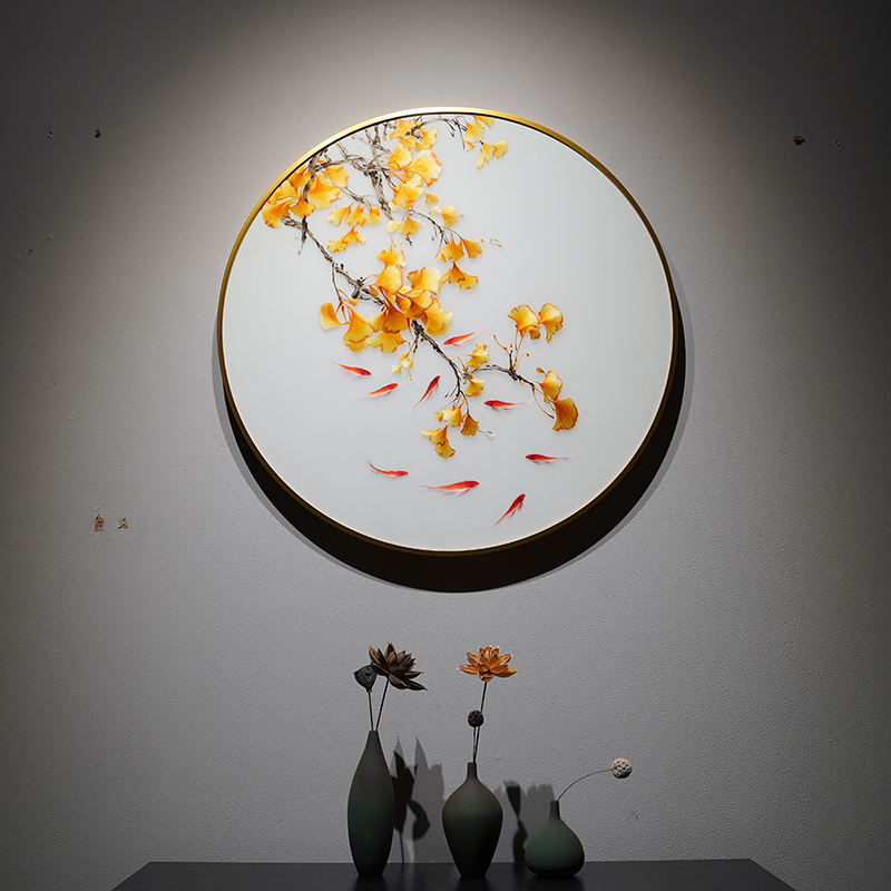 苏绣成品纯手工刺绣挂画银杏九鱼玄关客厅背景餐厅卧室高档装饰画图片