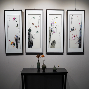 搭 四联画作高端别墅软装 梅兰竹菊四君子纯手工刺绣装 饰挂画新中式