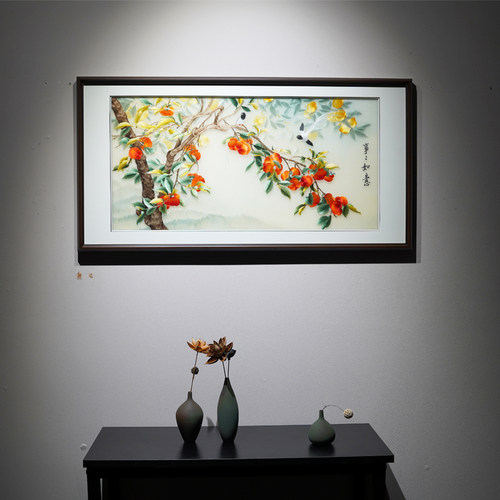 事事如意柿子图纯手工苏绣餐厅书房客厅挂画大气精致刺绣作品精品