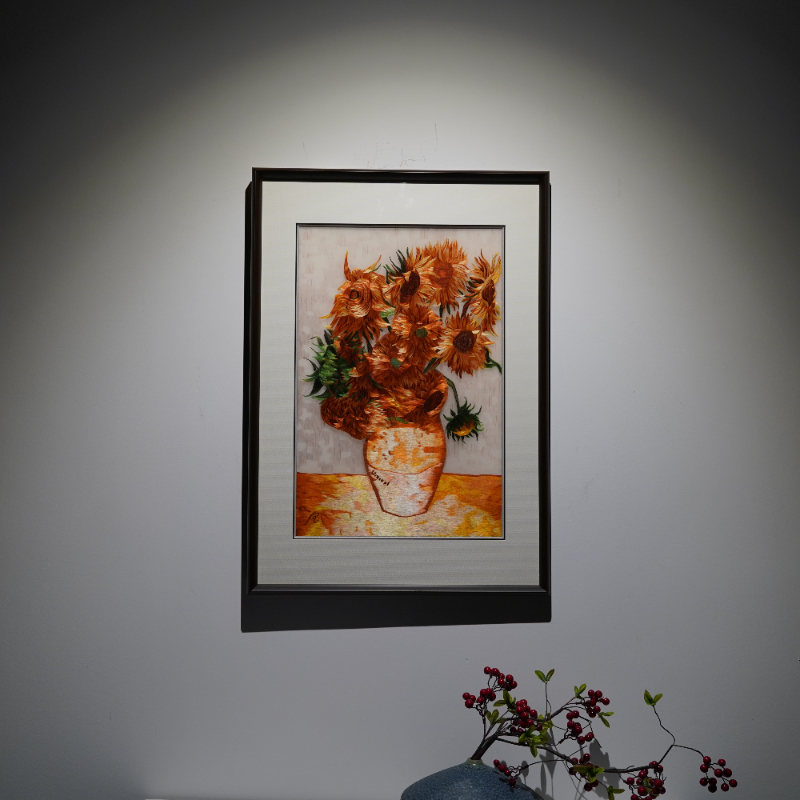 精品小幅名画纯手工苏绣刺绣画梵高向日葵带框走廊过道客厅装饰画图片