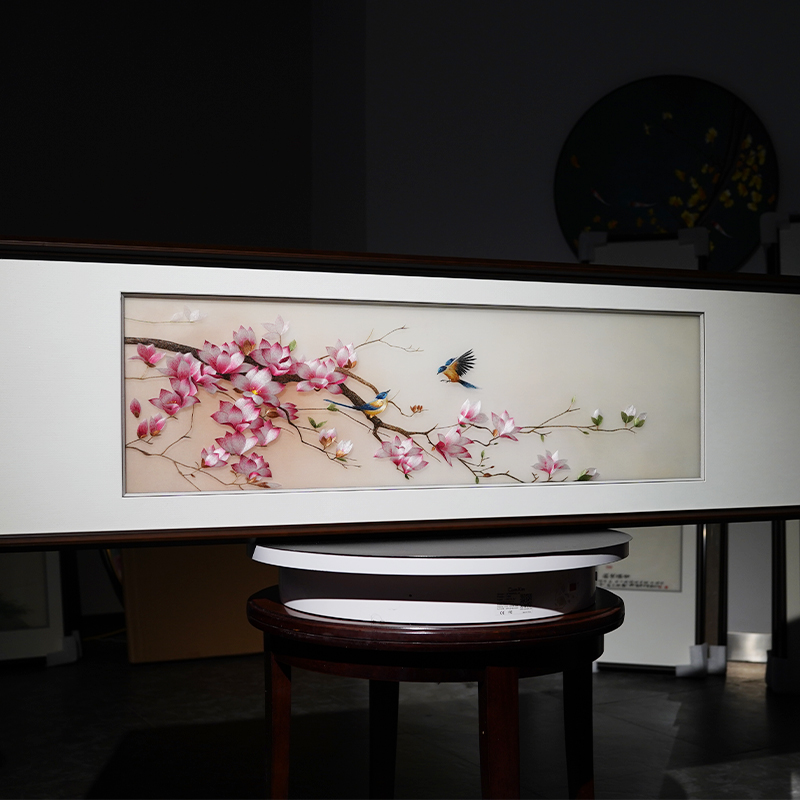 苏绣玉兰花鸟图新中式现代装饰画手工刺绣挂画客厅茶室沙发背景墙图片