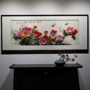 大尺寸牡丹花喜满人间纯手工苏绣刺绣沙发背景电视客厅装 横版 饰画