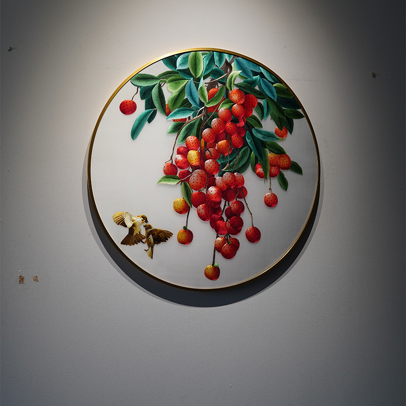 苏绣挂画纯手工新中式大吉大利刺绣荔枝圆形玄关餐厅装饰成品画图片