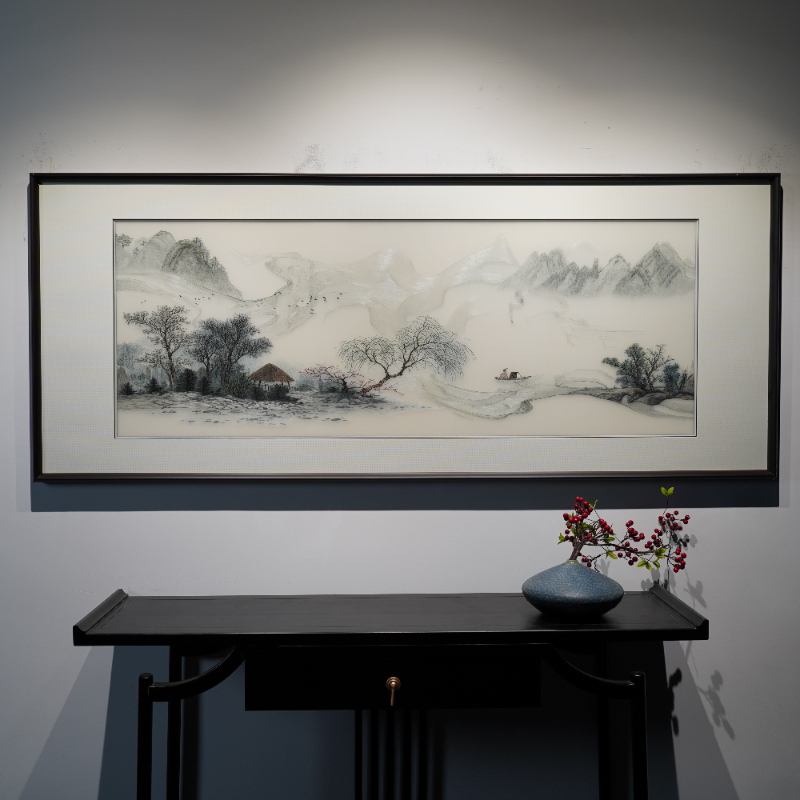中国风山水纯手工苏绣刺绣桃源山水沙发电视背景墙客厅装饰画带框