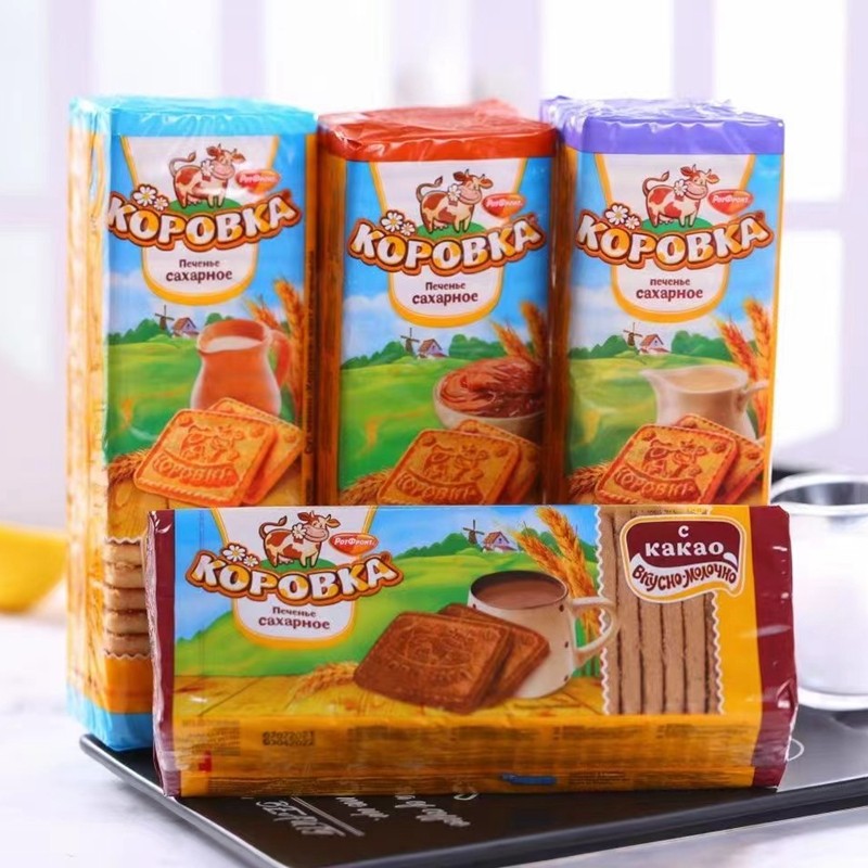 俄罗斯进口饼干小牛牌奶香巧克力味曲奇香酥脆饼375g早餐休闲零食