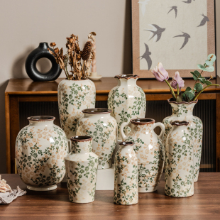 新中式 饰水培插花器 手绘繁花复古陶瓷花瓶摆件高级感田园风客厅装