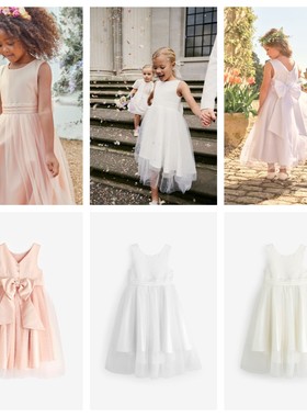 英国NEXT亲子装24夏新女童大女孩乳白色不对称下摆伴娘连衣裙礼服