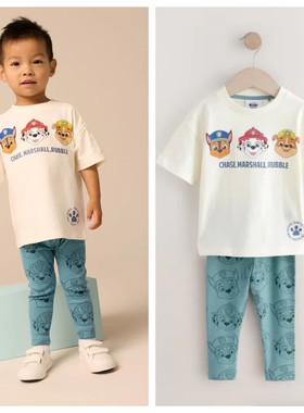 英国NEXT童装 25夏男童男宝宝白色Paw Patrol卡通短袖T恤+内搭裤