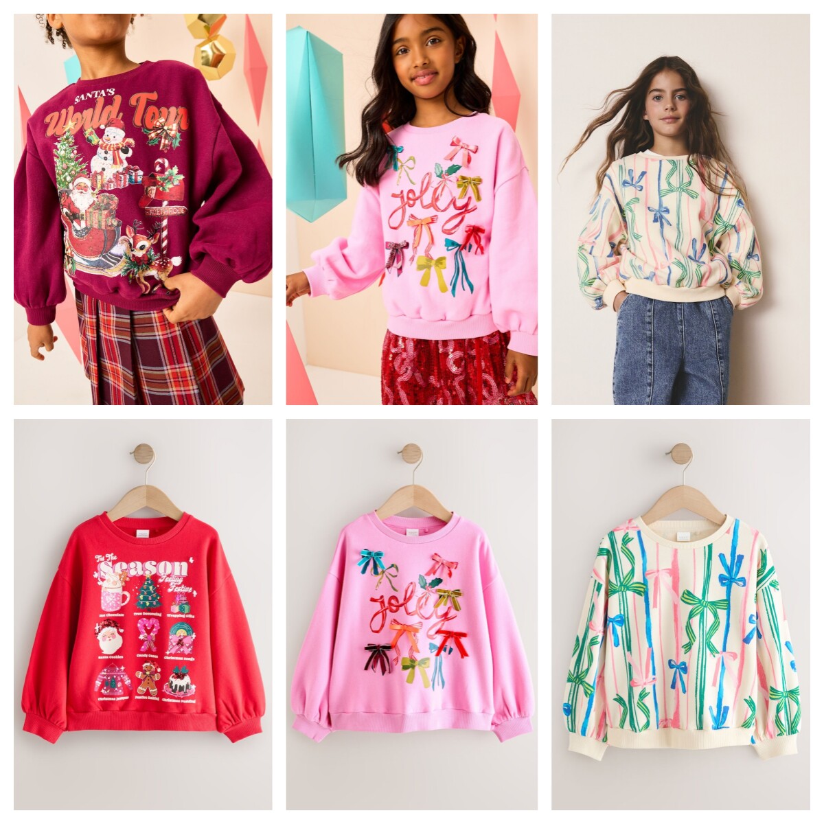 英国NEXT亲子装 25秋新女童大女孩圣诞亮片蝴蝶印花薄绒套头卫衣