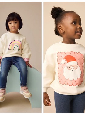 英国next童装 25春新女童女宝宝乳白色彩虹圣诞老人套头运动卫衣