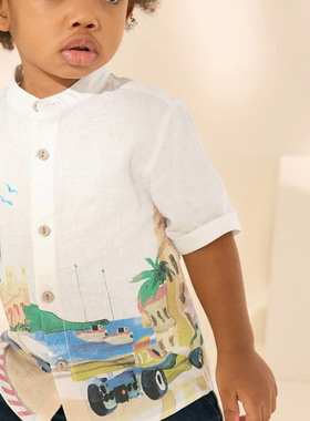 英国next童装25夏新男童男宝宝白色赛车印花卡通亚麻短袖立领衬衫