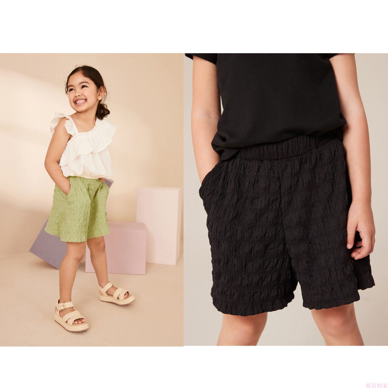 英国next亲子装 24夏新女童大女孩黑色方格纹理橡筋腰休闲短裤