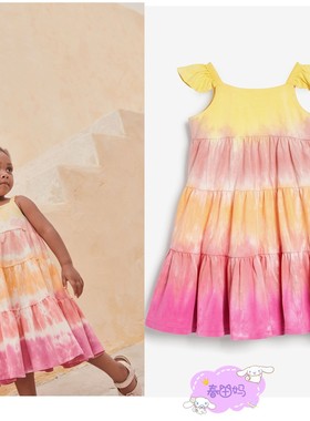 现货NEXT童装 21夏新女童女宝宝粉色/橙色有机棉绑染吊带连衣裙