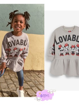 英国NEXT童装21秋新女童女宝宝灰色Minnie Mouse卫衣式薄绒连衣裙