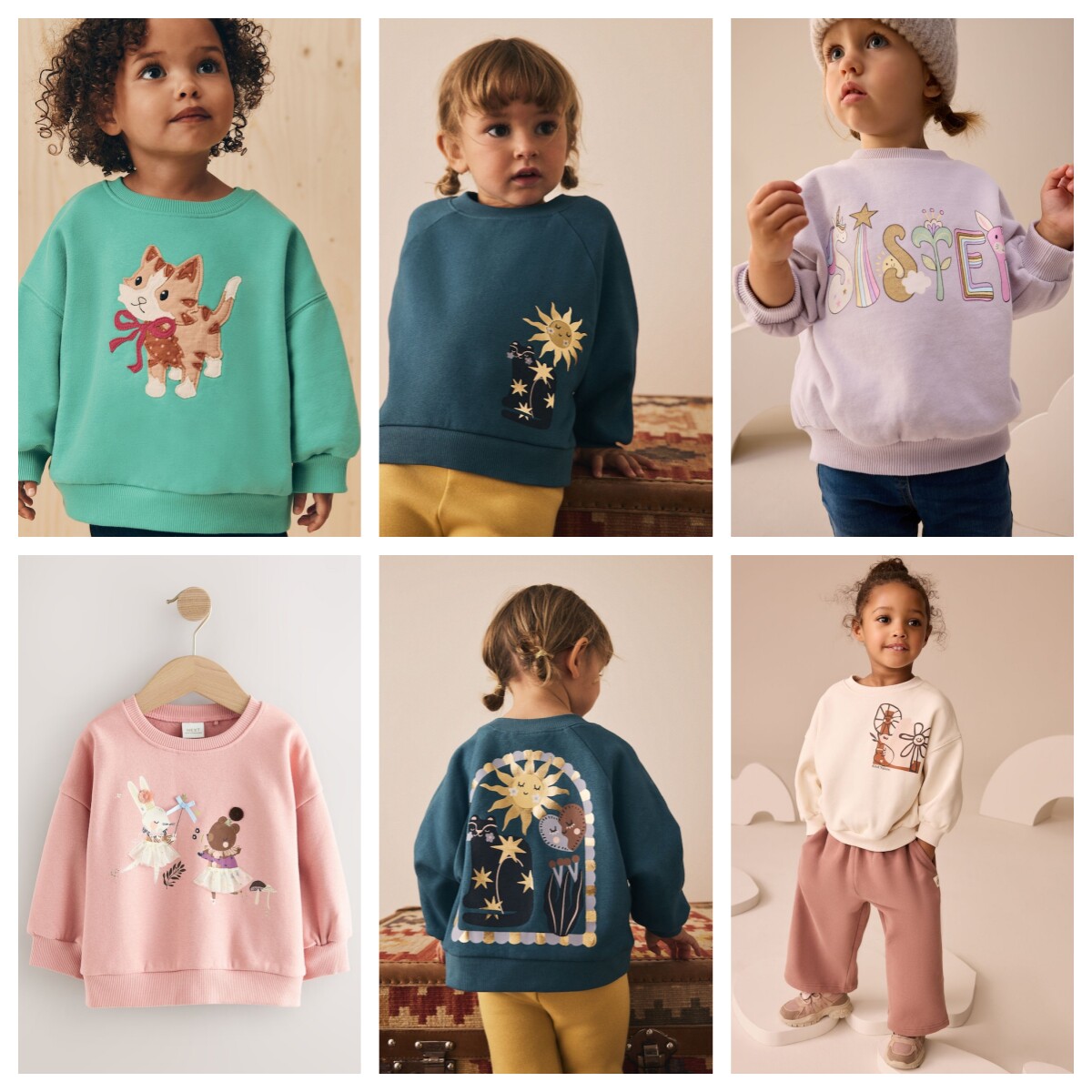 英国next童装 25秋女童女宝宝猫咪太阳卡通圆领薄绒套头卫衣 上衣