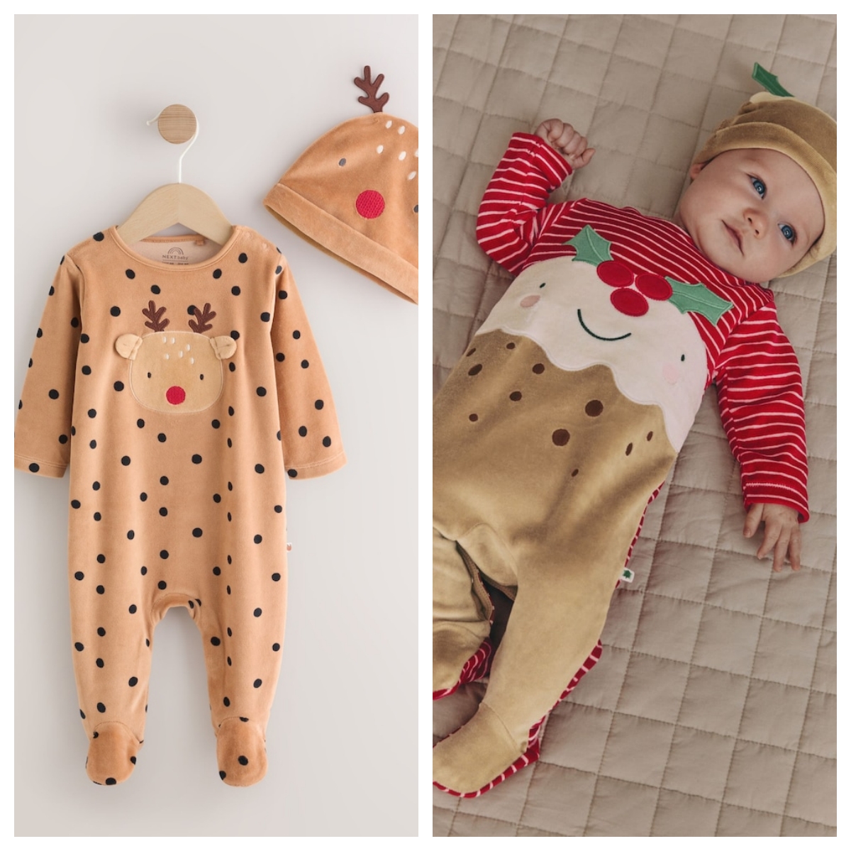 英国next进口 25秋婴儿男女宝宝圣诞节布丁驯鹿卡通连身睡衣+帽子
