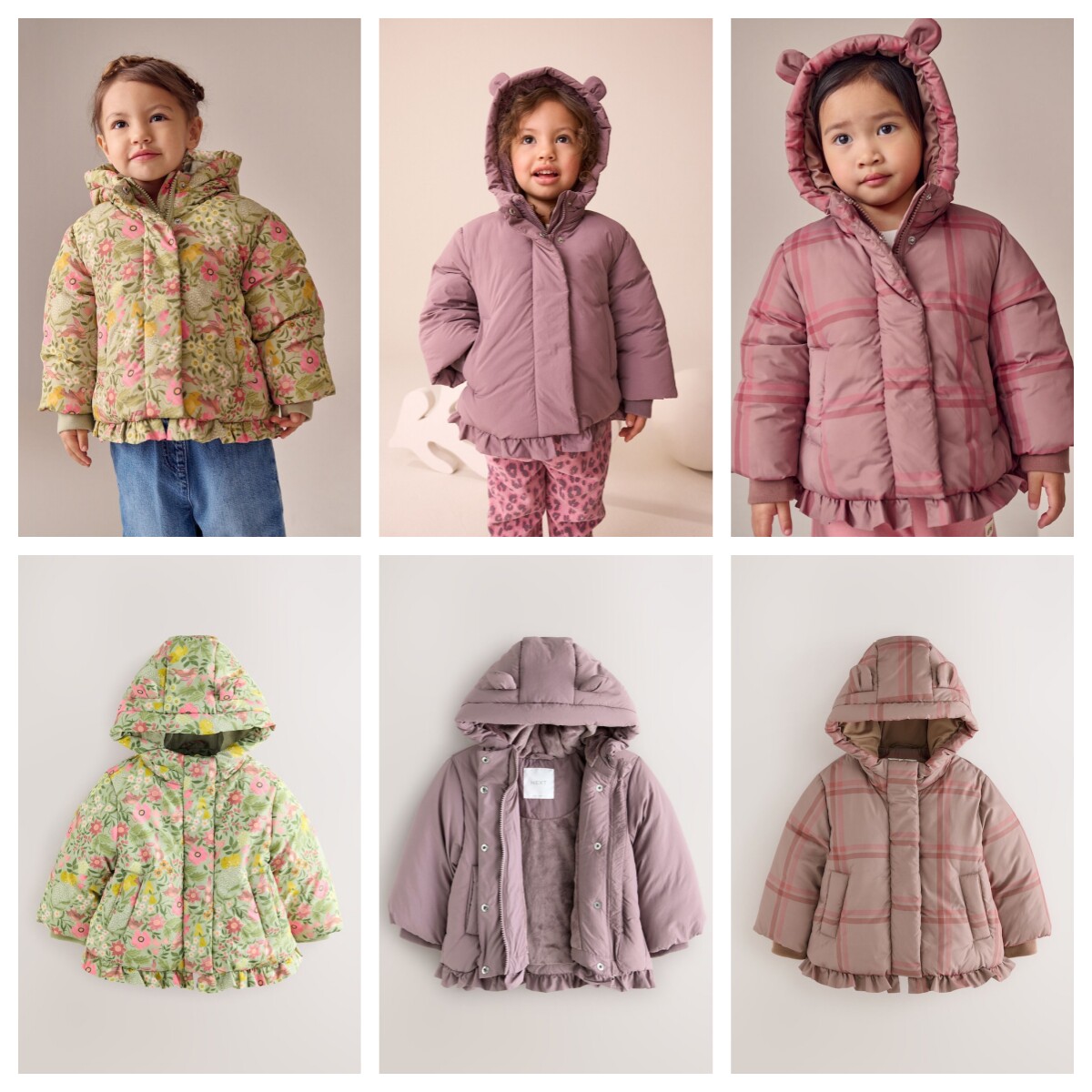 英国NEXT童装 25冬新女童女宝宝方格花卉印花夹棉拉链连帽外套