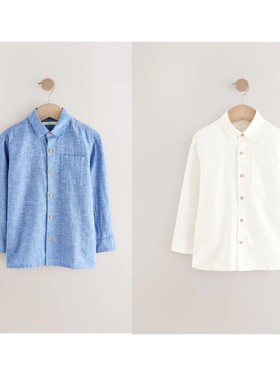 英国next亲子装 25春新男童大男孩纯白色亚麻长袖翻领衬衫 上衣