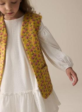 英国NEXT亲子装 25春女童大女孩纯白色宽松款长袖连衣裙+针织马甲