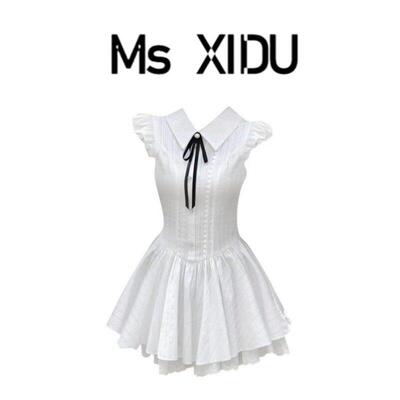Ms XIDU 悸动青春 白色甜美少女翻领设计感洋装女1/4吋套筒扳手袖