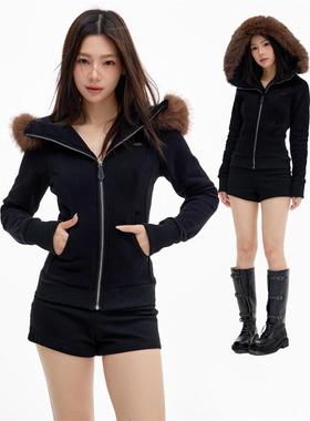 (NMK)女装可拆卸毛领连帽修身卫衣外套美式加绒收腰显瘦拉炼上衣