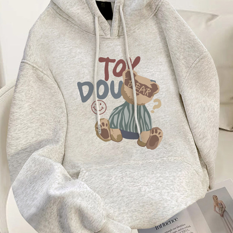 灰色小熊连帽加绒卫衣女款2025冬季新款爆款宽松大码上衣加厚帽衫