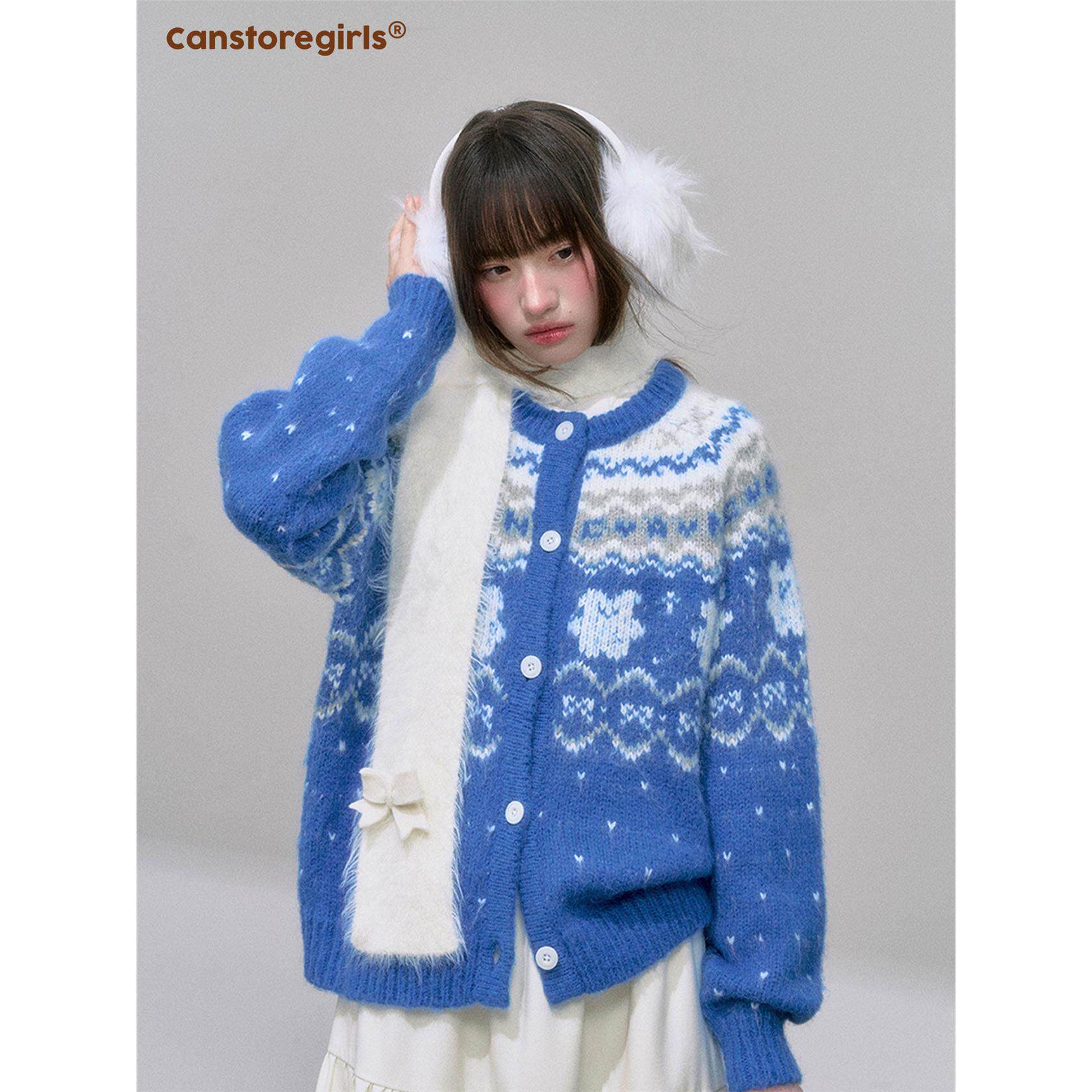 罐头士多所 '屿蓝织梦'宝蓝色针织衫女冬季撞色费尔岛插肩袖毛衣