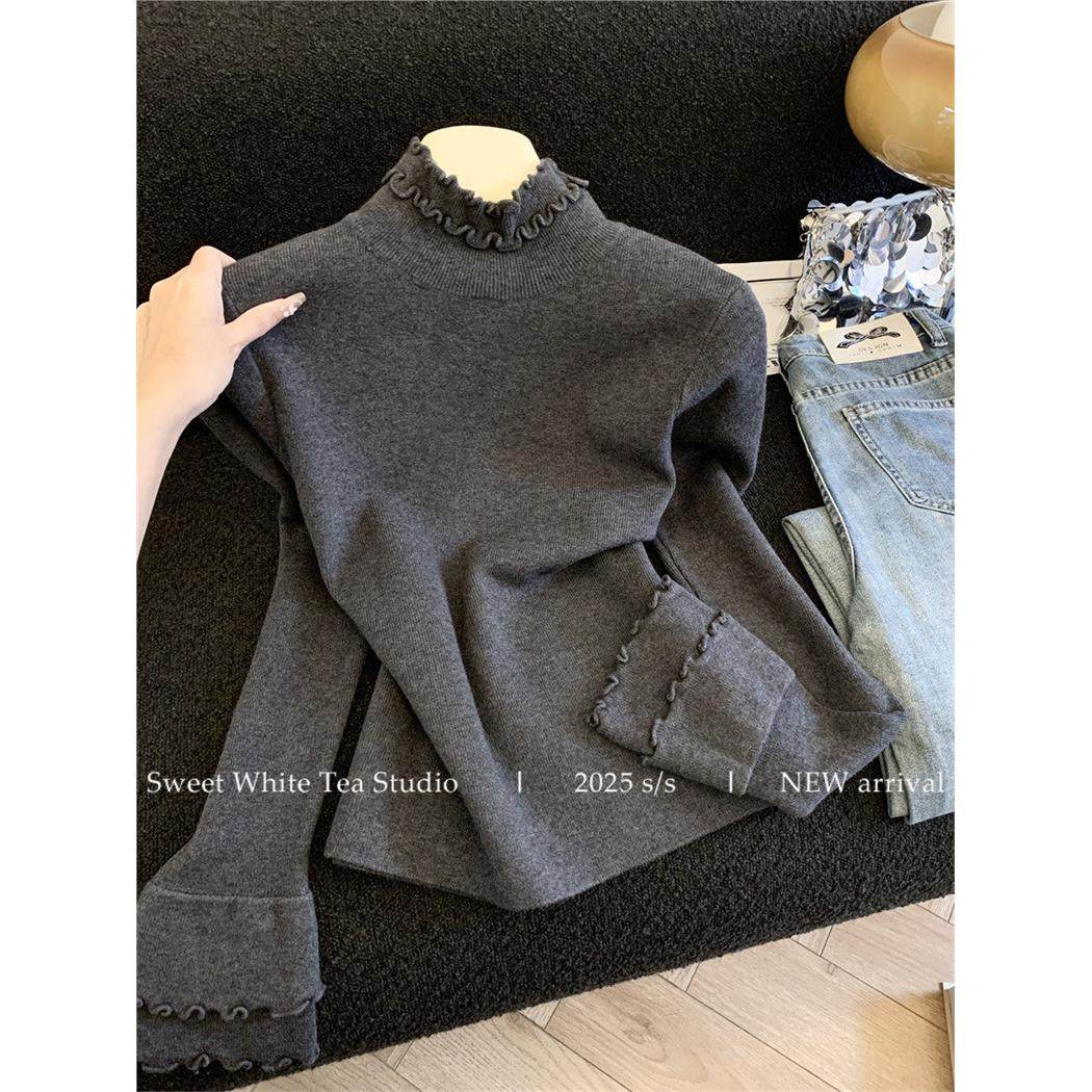 南油高货爆款！灰色针织打底衫秋冬季新款花边高领修身长袖T恤女,个性定制/设计服务/DIY,棉服工装,淘宝优惠券,粉丝福利购,淘宝优惠卷