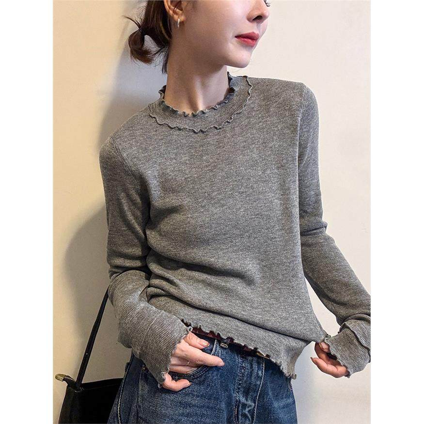 韩系灰色木耳边假两件针织打底衫女秋冬设计感修身显瘦内搭上衣厚,个性定制/设计服务/DIY,棉服工装,淘宝优惠券,粉丝福利购,淘宝优惠卷