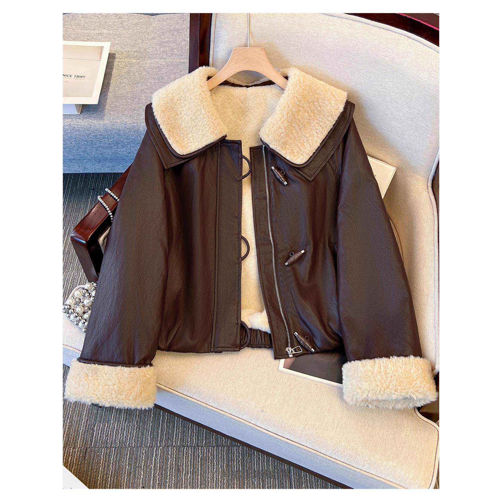 小香风羊羔毛娃娃大翻领pu皮衣外套女加绒加厚2025初冬装新款夹克