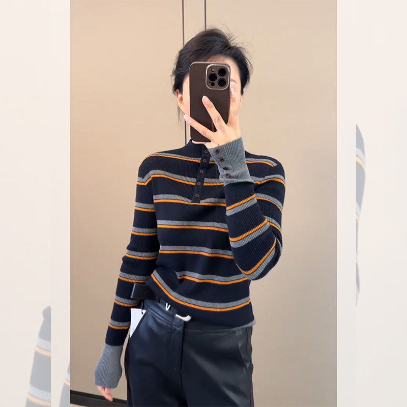 小香风条纹纽扣立领长袖针织衫女秋冬韩系穿搭毛衣内搭打底衫上衣,个性定制/设计服务/DIY,棉服工装,淘宝优惠券,粉丝福利购,淘宝优惠卷