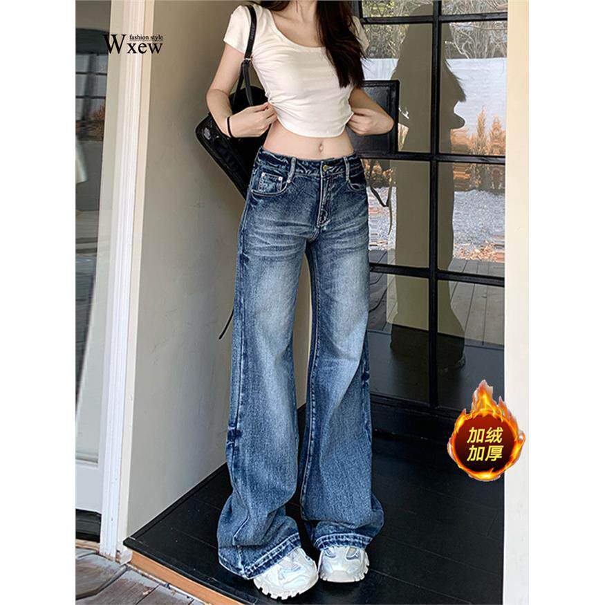 覆古微喇牛仔裤女2025新款美式高街低腰宽松直筒加绒阔腿喇叭裤子