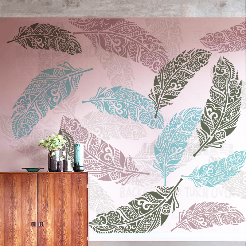 70cm-110cm模板墙绘画画壁画装饰墙体印花图案背景墙羽毛树叶S396图片