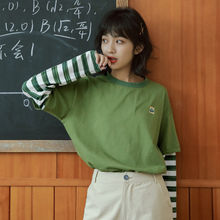 2019新款 初秋假两件女上衣韩版 宽松拼接学生 绿色mschf长袖 t恤秋装