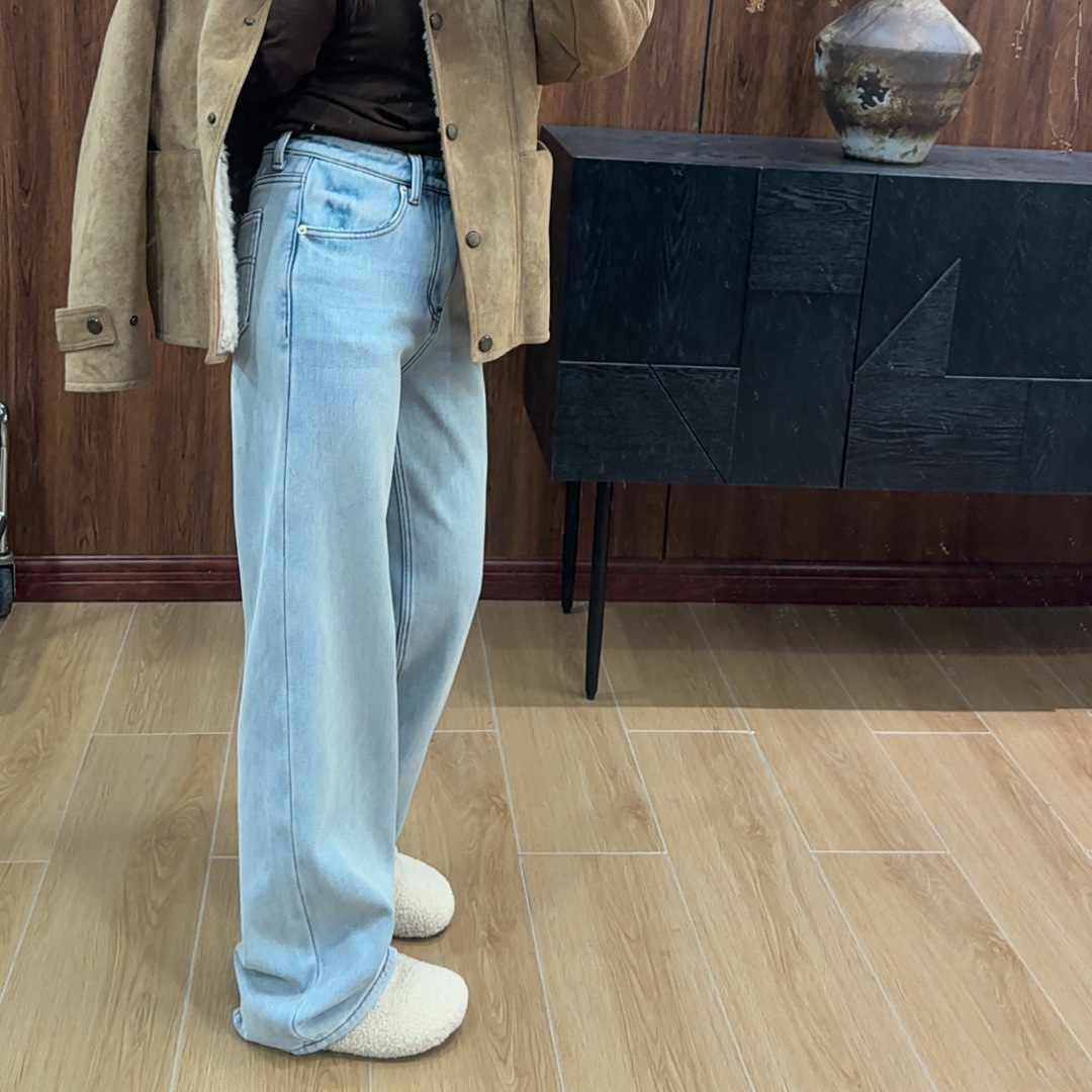 kokokaaran浅蓝加绒阔腿牛仔裤