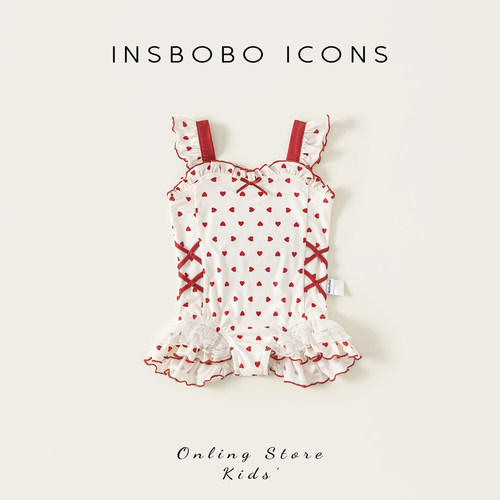 INSbobo爱心印花蝴蝶结连体泳衣