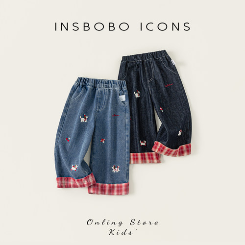 INSbobo可爱刺绣翻裤脚牛仔裤