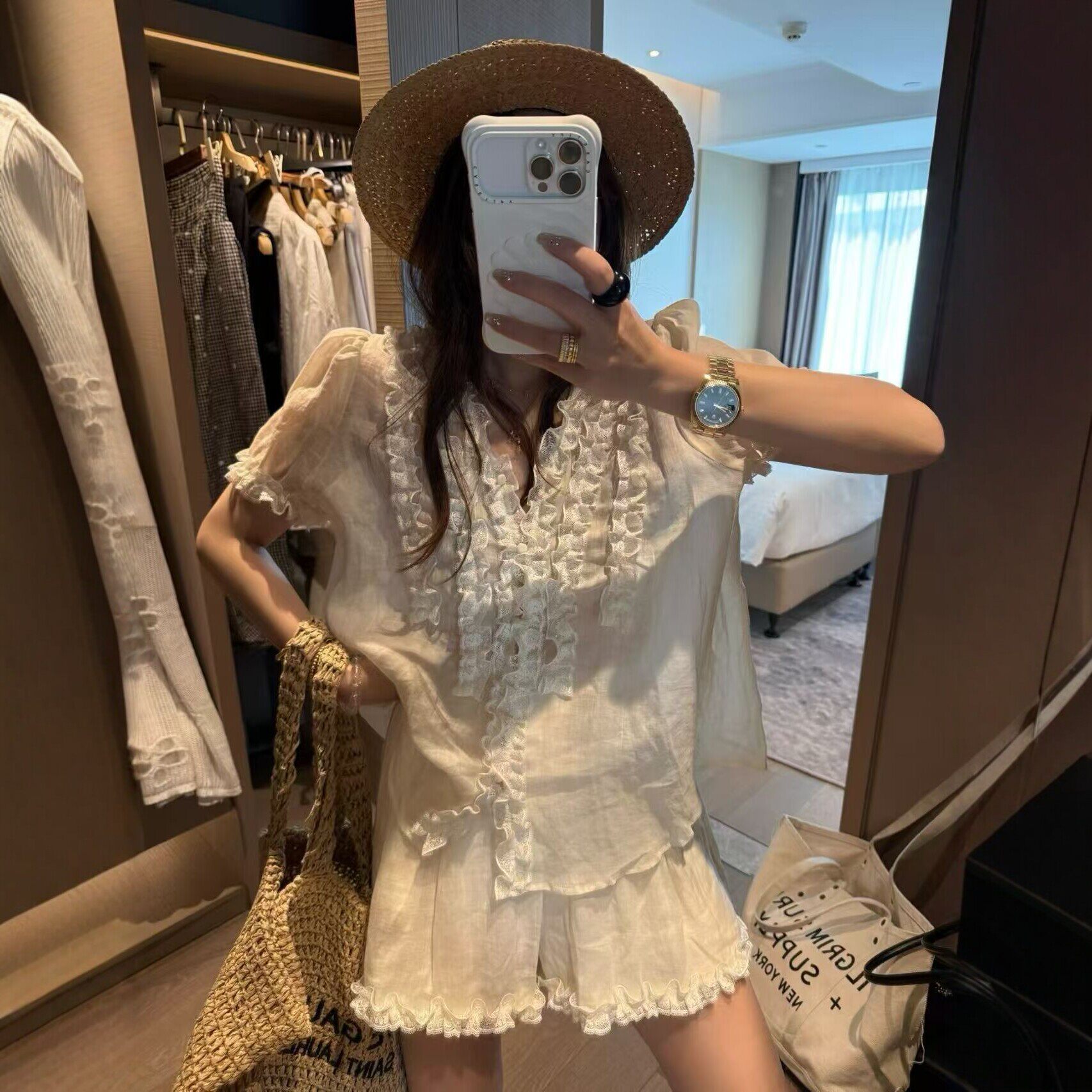 夏季舒适苎麻法式V领短袖套装