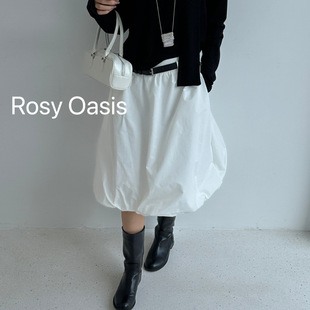 韩系设计感白色叠穿半身裙一春款 立体剪裁复古灯笼裙送腰带R6039