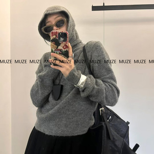 秋冬慵懒宽松毛衣灰色上衣女W568 韩国东大门羊毛混纺连帽针织衫
