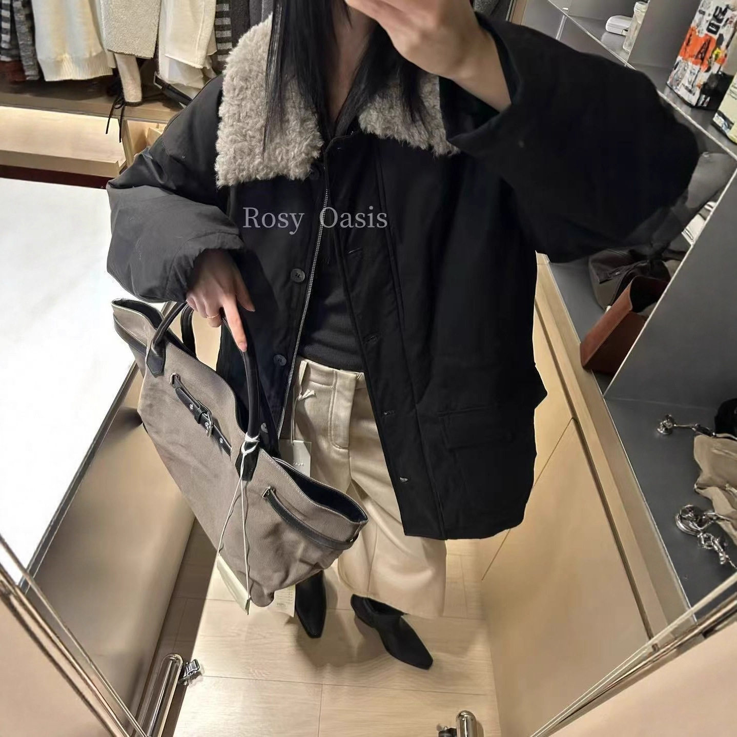韩系百搭工装鹅绒服一冬季新款羊毛翻领中长款外套派克服女8S195