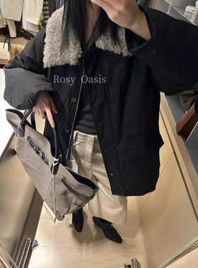 韩系百搭工装鹅绒服一冬季新款羊毛翻领中长款外套派克服女8S195