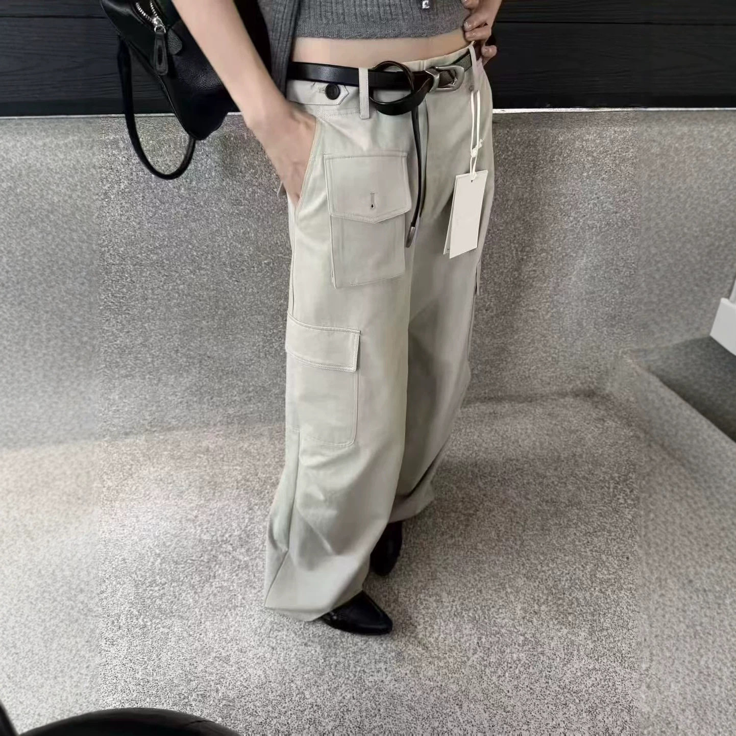 韩版天丝多口袋工装阔腿裤女