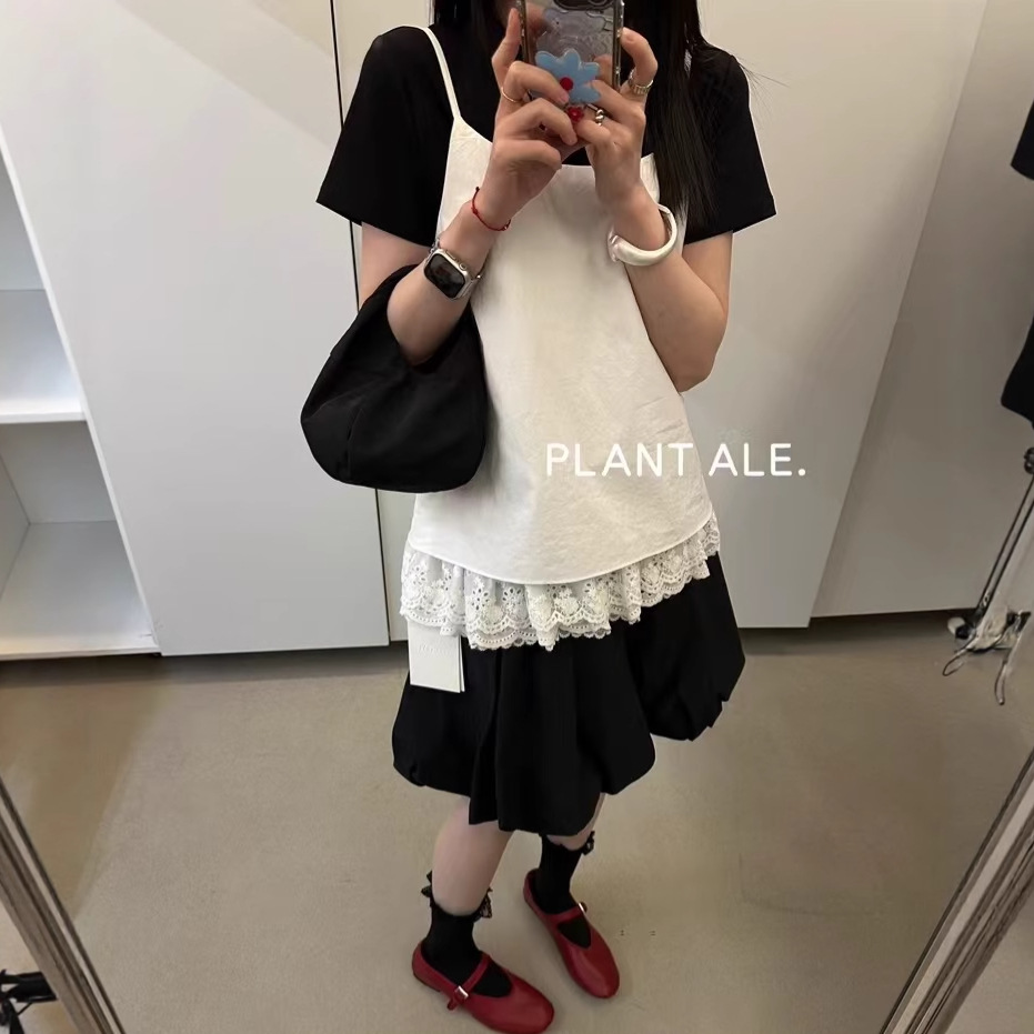 韩系甜美蕾丝拼接下摆吊带一休闲款百搭叠穿背心可调节肩带Y5410