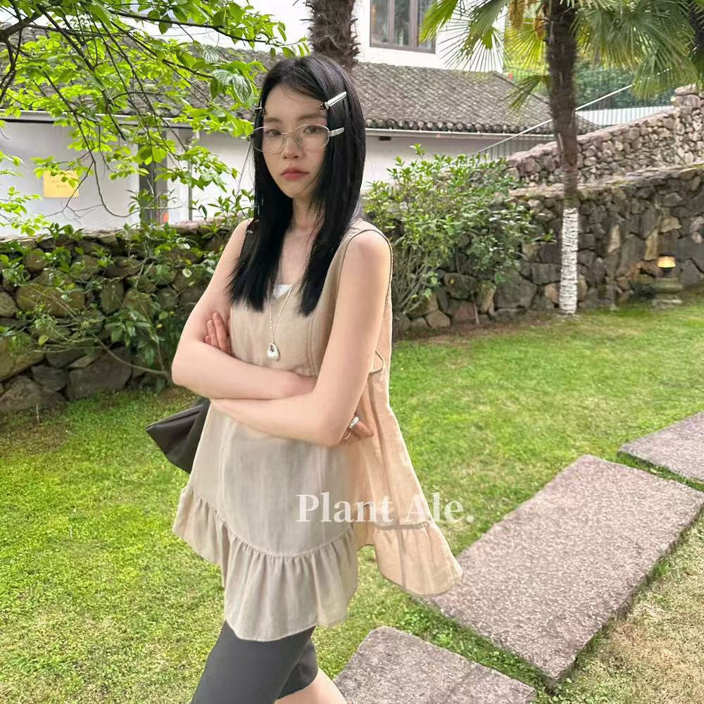 PlantAle无袖上衣女韩版荷叶边后背交叉绑带宽松V领亚麻背心Z5068