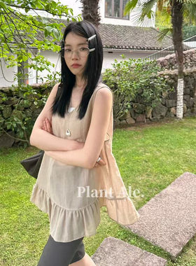 韩版亚麻V领后绑带荷叶边背心