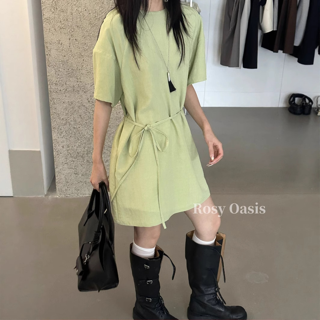 韩系宽松系带短袖上衣一2025夏季舒适人棉T恤短款连衣裙Y7911