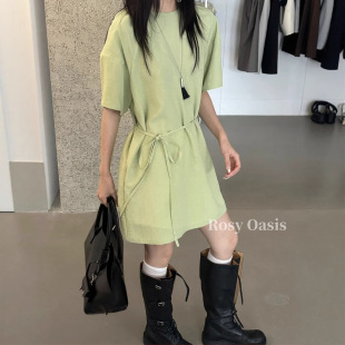 连衣裙Y7911 舒适人棉T恤短款 韩系宽松系带短袖 上衣一2025夏季