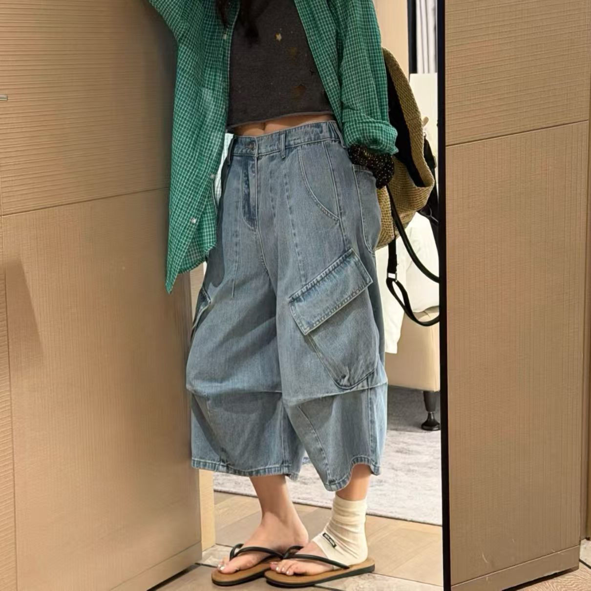 复古工装高腰七分阔腿牛仔裤女夏